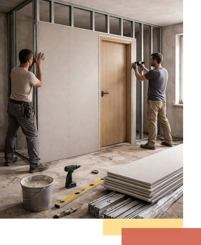 Перегородка из гипсокартона с дверью под ключ в Сестрорецке