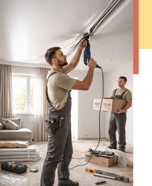 Монтаж сатинового натяжного потолка в Сестрорецке от 3587 руб. | Быстро, недорого — ОТДЕЛОЧНИК-Сст