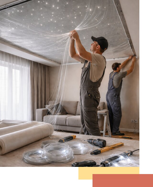 Монтаж натяжного потолка «Звездное небо» в Сестрорецке