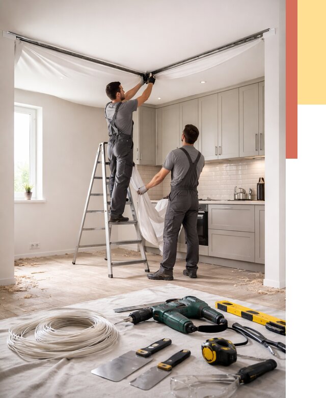 Установка натяжного потолка на кухне в Сестрорецке от 2460 руб. | ОТДЕЛОЧНИК-Сст