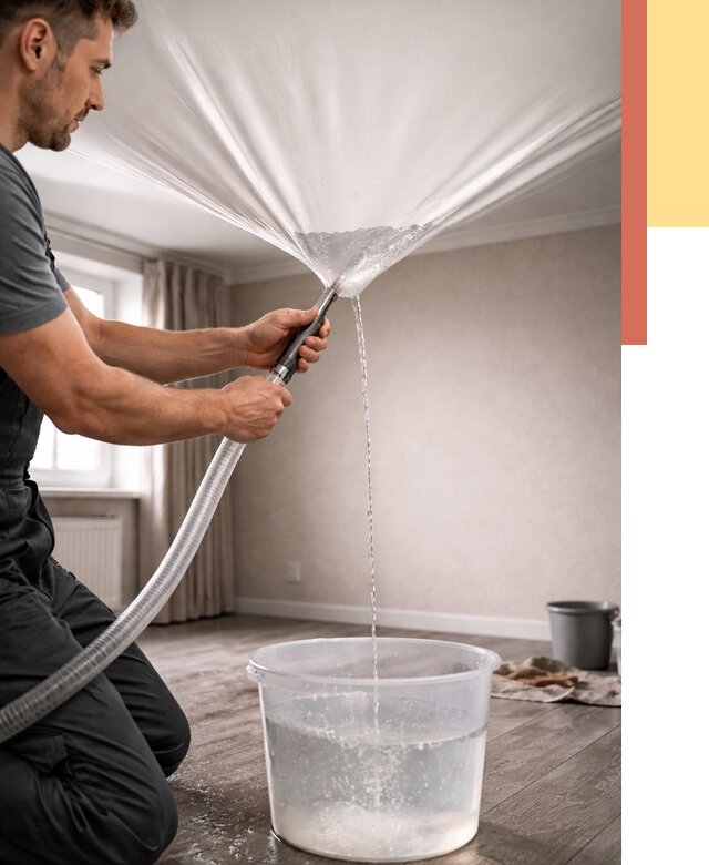 Слив воды с натяжного потолка в Сестрорецке от 2562 руб. быстро и недорого | ОТДЕЛОЧНИК-Сст