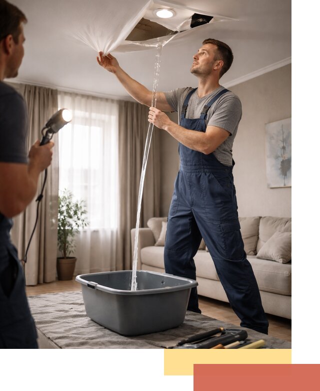 Слив воды с натяжного потолка в Сестрорецке быстро и аккуратно