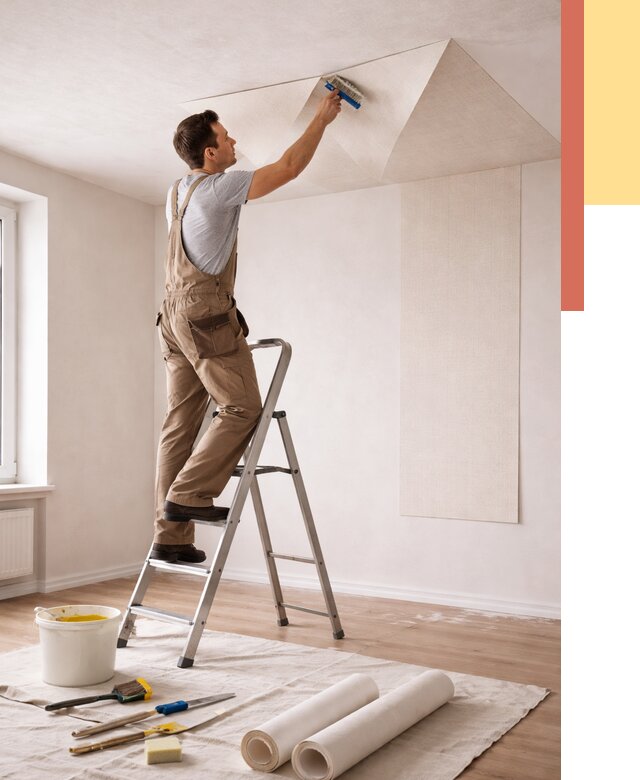 Поклейка обоев на потолок в Сестрорецке от 4612 руб. быстро и недорого | ОТДЕЛОЧНИК-Сст